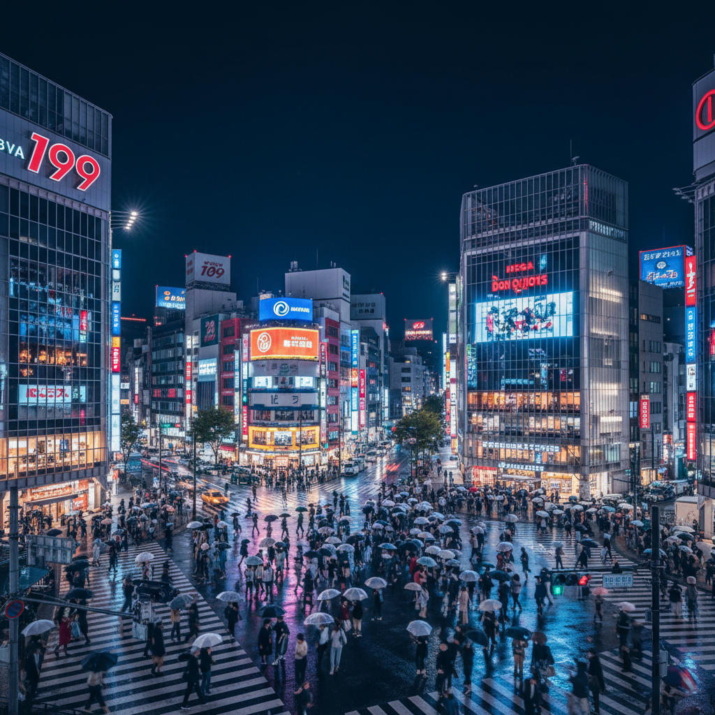 도쿄 시부야 스크램블 교차로의 화려한 네온사인과 현대적인 고층 빌딩들이 밤하늘을 배경으로 활기찬 도시의 에너지를 담아낸 고해상도 야경 사진