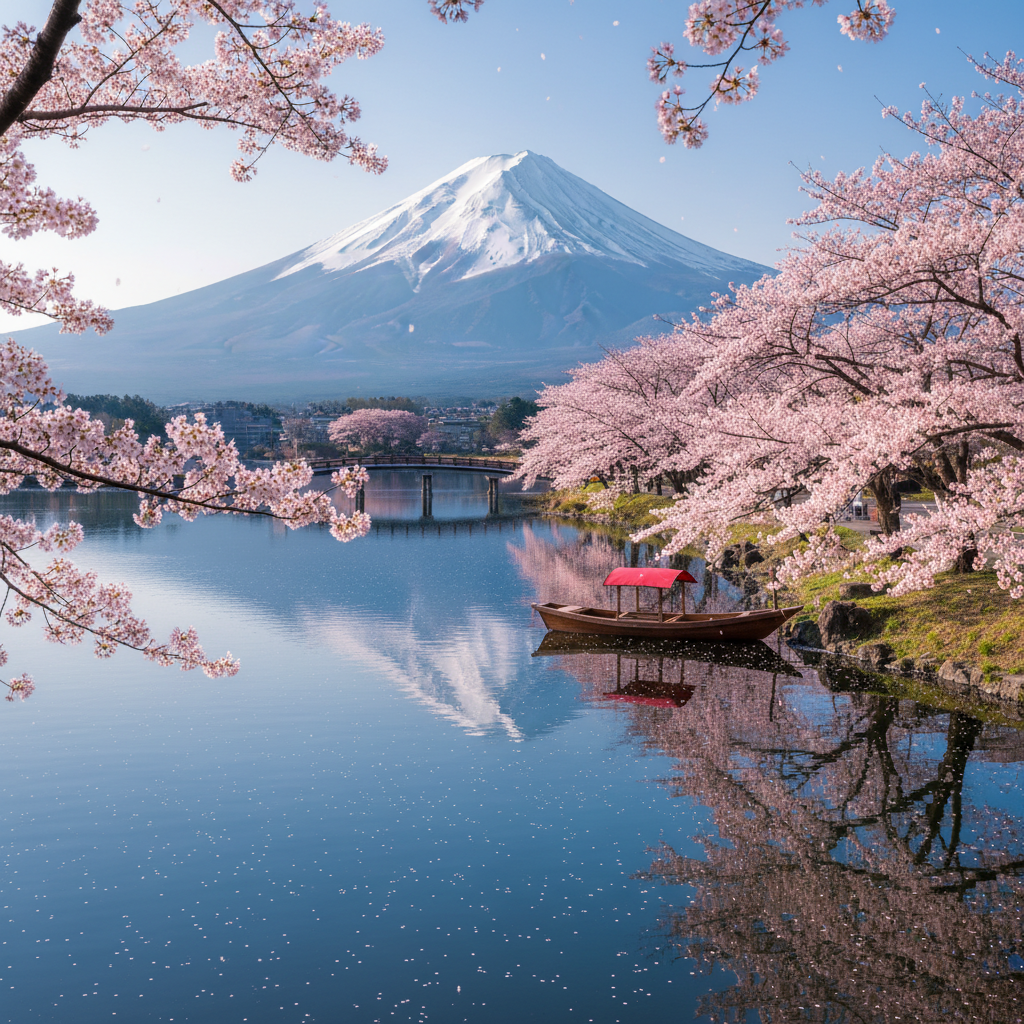 후지산의 만년설을 배경으로 호숫가에 만개한 분홍빛 벚꽃이 어우러진 일본의 전형적인 봄 풍경을 담은 선명하고 서정적인 이미지