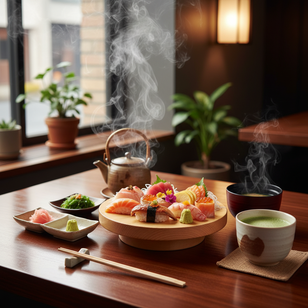 김이 모락모락 피어오르는 정갈한 일본 정식 차림으로 나무 식탁 위에 놓인 신선한 초밥과 따뜻한 녹차 한 잔이 주는 아늑하고 정갈한 미식 여행 사진