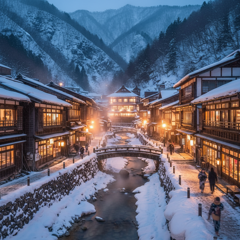 눈 덮인 산골 마을 긴잔 온천의 목조 여관들이 내뿜는 따스한 등불 빛이 차가운 겨울 공기와 대비를 이루는 몽환적이고 이국적인 야경 사진