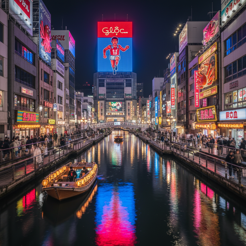 오사카 도톤보리의 화려한 글리코상 간판과 운하를 따라 반사되는 오색찬란한 빛들이 만들어내는 생동감 넘치는 일본의 대중문화 풍경 이미지