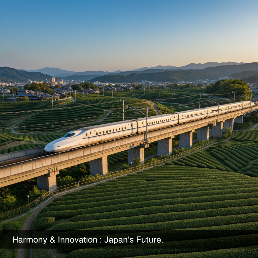 푸른 차밭을 배경으로 빠른 속도로 지나가는 하얀 신칸센 열차의 매끄러운 디자인이 일본의 첨단 기술과 자연의 조화를 보여주는 역동적인 사진